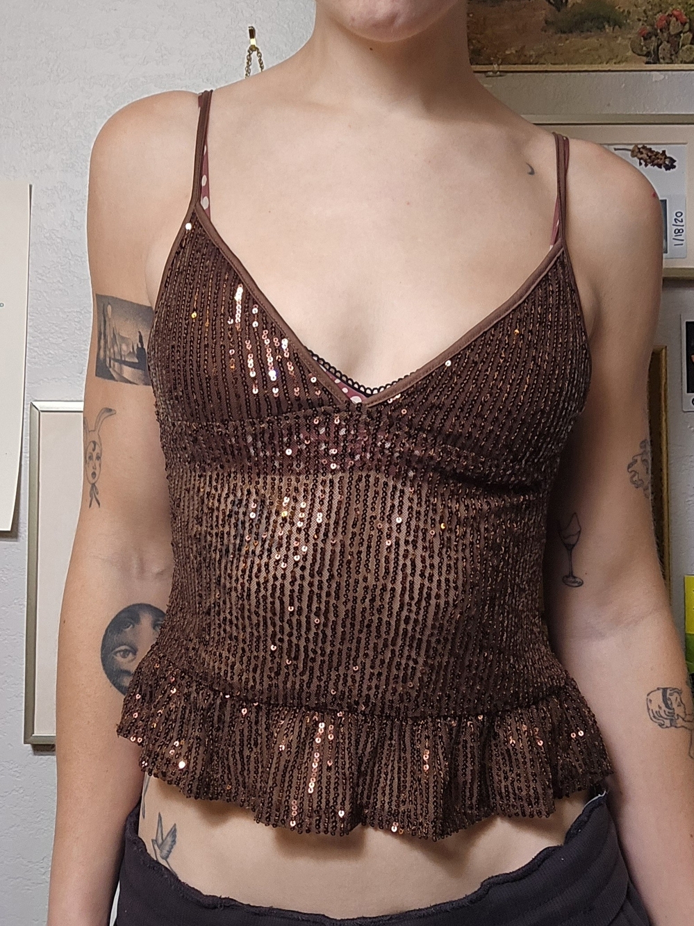 Motel Brown Bronze Sequin Ruffle Cami Top Y2K Grunge Going Out Top